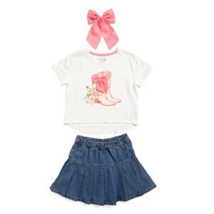CYNTHIA ROWLEY Marshmallow Girls 2pc Yee Haw Jersey Top With Woven Skirt Set